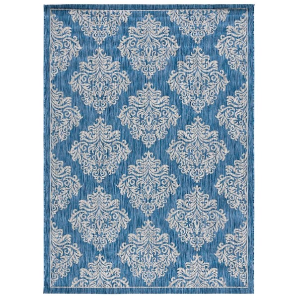 Courtyard Navy/Gray 7 ft. x 10 ft. Diamond Ornate Floral Indoor/Outdoor Area Rug