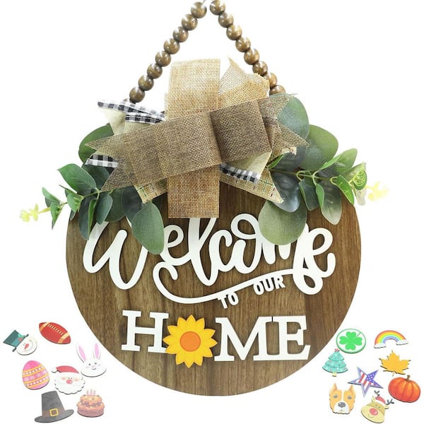 Condorpasea 3D Welcome Sign For Front Door | Home/Farmhouse Porch Décor Wooden Hanging Sign With Artificial Leaves And Rustic Beads | Christmas Classroom |12" Round