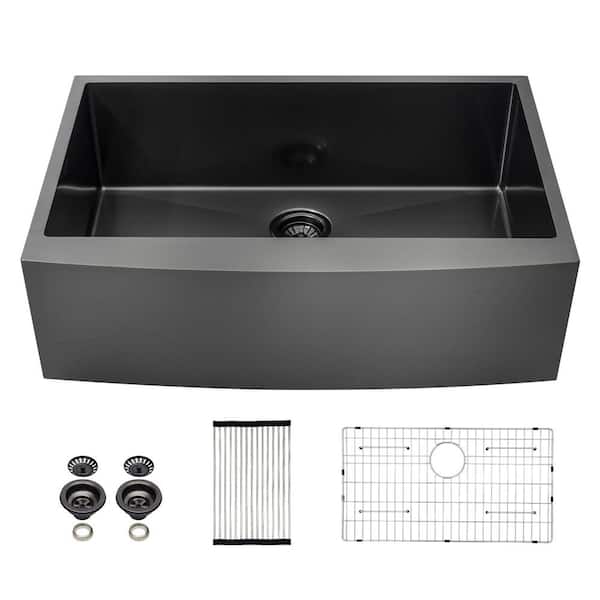 36 in. Farmhouse/Apron Front Single Bowl Gunmetal Black 16-Gauge Stainless Steel Workstation Kitchen Sink with Strainer