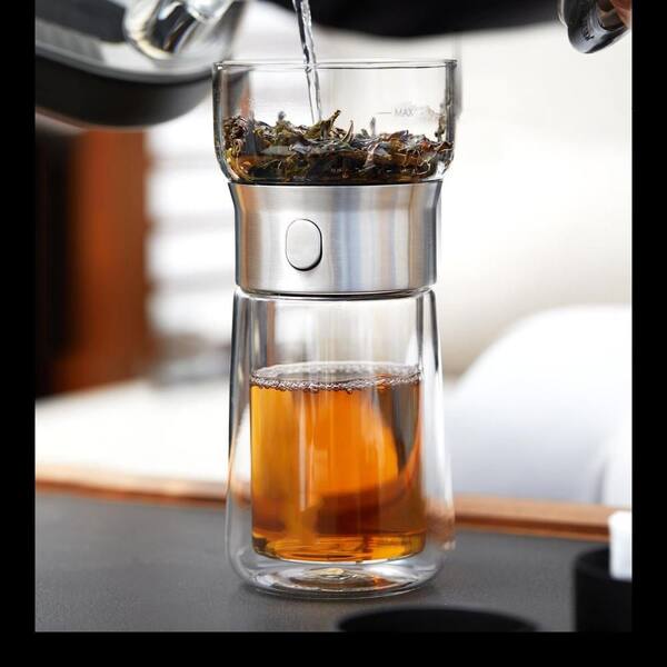 Wudkey 1-Cup Black Glass Infuser Teapot, 2-in-1 One Touch Tea Maker for Loose Leaf Tea with Insulated Mug and Portable Case