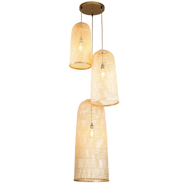 ELE Light & Decor Victoria 40-Watt 3-Lights Rattan Pendant Light in Brass Handmade Boho Shade Modern Cluster Coastal Ceiling Light