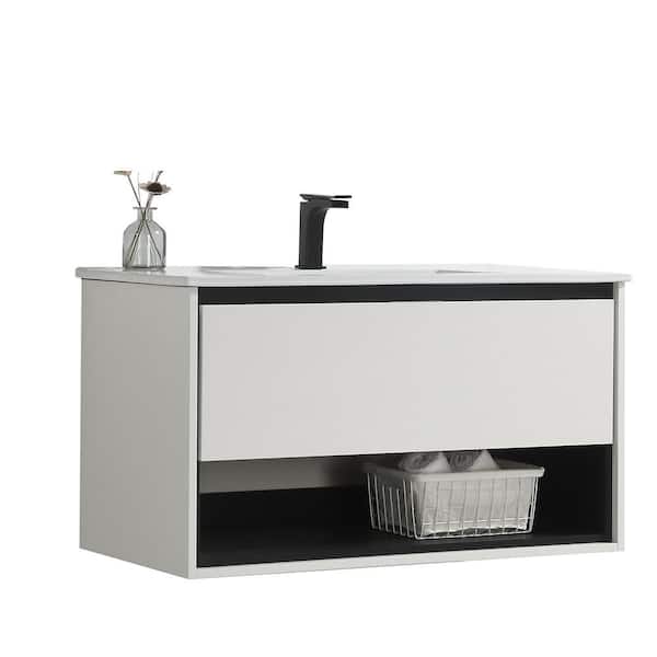 JimsMaison Eimi 40 in. W x 18 in. D x 20 in. H Bathroom Vanity Side Cabinet in White with White Ceramic Top