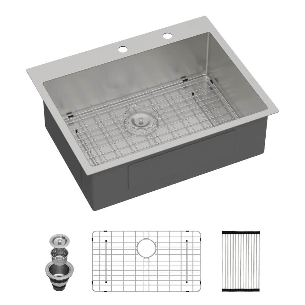 33 in. Drop-In/Topmount Single Bowl Kitchen Sink in Brushed Nickel 16-Gauge T304 Stainless Steel with Bottom Grid price history on PriceWatchPro