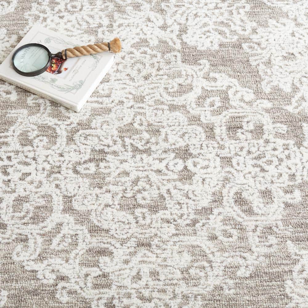 Ivory and Dark Grey Tufted Wool 8' x 10' Area Rug