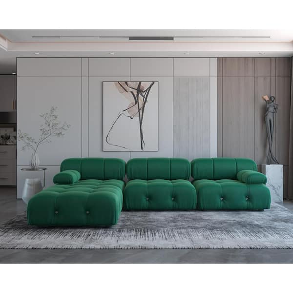 J&E Home 103.95 in. W Square Arm Velvet Rectangle 3-Seater Free Combination Sofa in Green