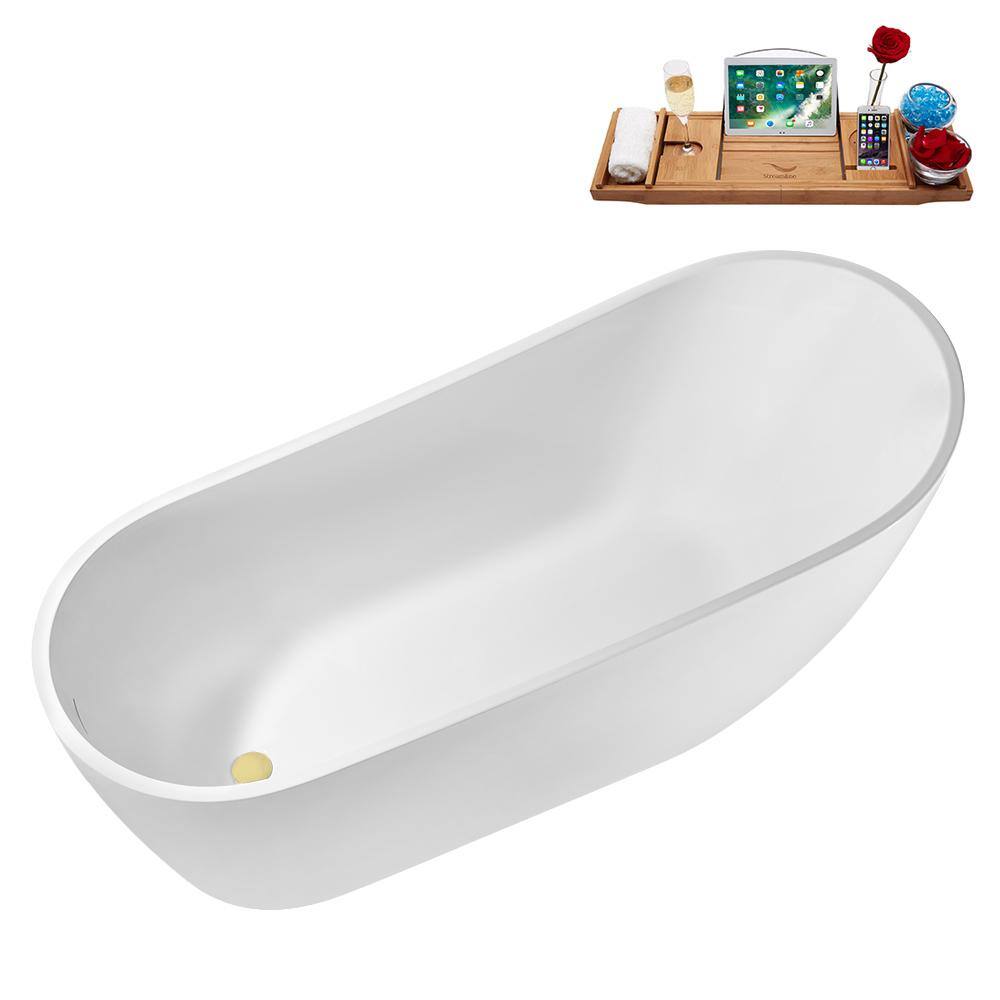 67" Glossy White Acrylic Freestanding Soaking Tub with Polished Brass Drain and Bamboo Tray