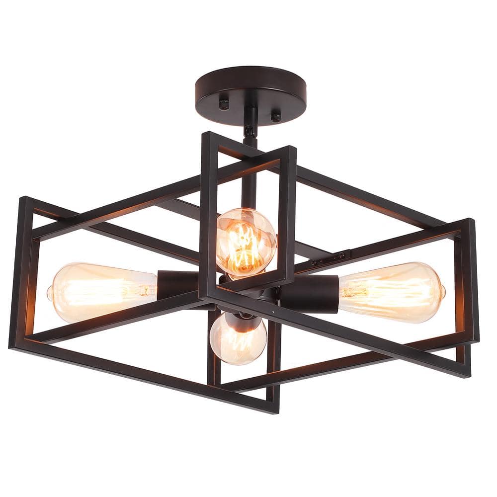 14.96 in. 4-Light Black Farmhouse Square Frame Semi-Flush Mount Ceiling Light Fixture with Metal Shade price history on PriceWatchPro