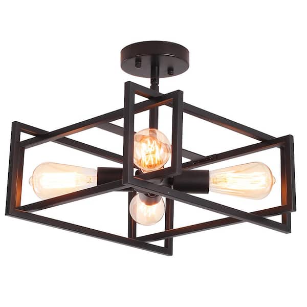 14.96 in. 4-Light Black Farmhouse Square Frame Semi-Flush Mount Ceiling Light Fixture with Metal Shade