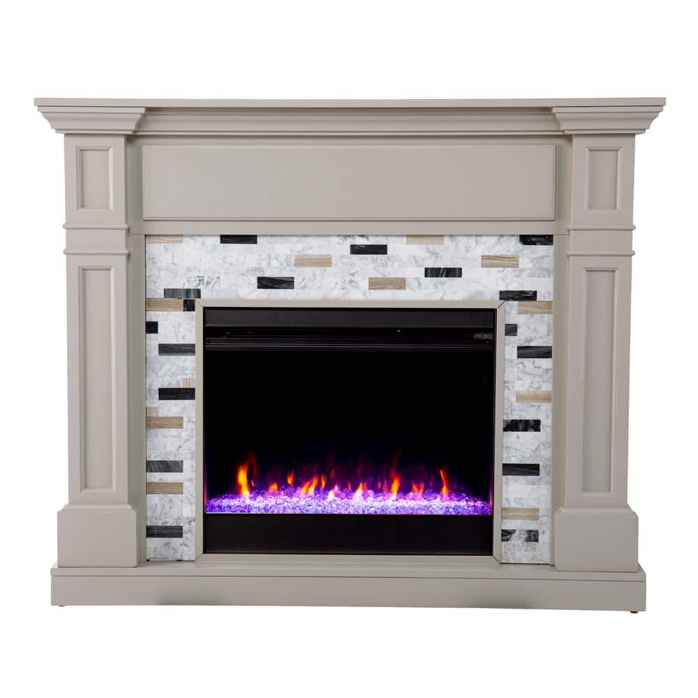 Southern Enterprises Tanderson 48 in. Color Changing Electric Fireplace in Gray, Gray finish w/ black/ gray/ and white marble -  HD474632