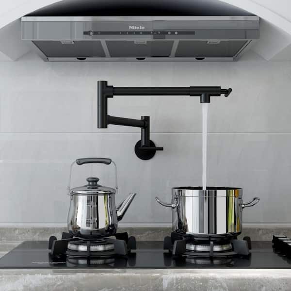 Retro Two Handles Wall Mount Kitchen Faucet Double Joint Swing Arm Pot Filler Folding Kitchen Faucet in Matte Black