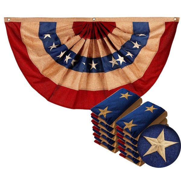 3 ft. x 6 ft. Embroidered Burlap USA Tea Stained Pleated Fan Flag with Canvas Header Brass Grommets (10-Pack)