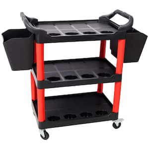 3-Tier Plastic Rolling 4-Wheeled Auto Detail Utility Cart in Red and Black with 2 Buckets for Garage, Repair Shop