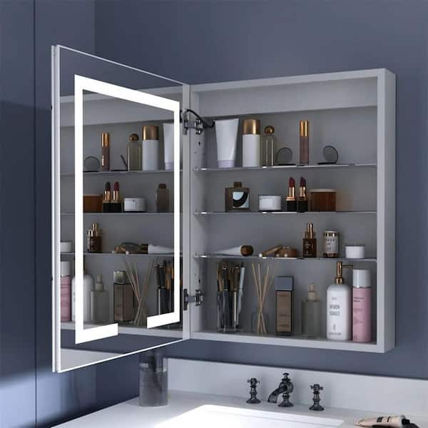 24 in. W x 30 in. H Silver Wall-Mounted/Recessed Mounted Medicine Cabinet with Mirror Bathroom Large Storage