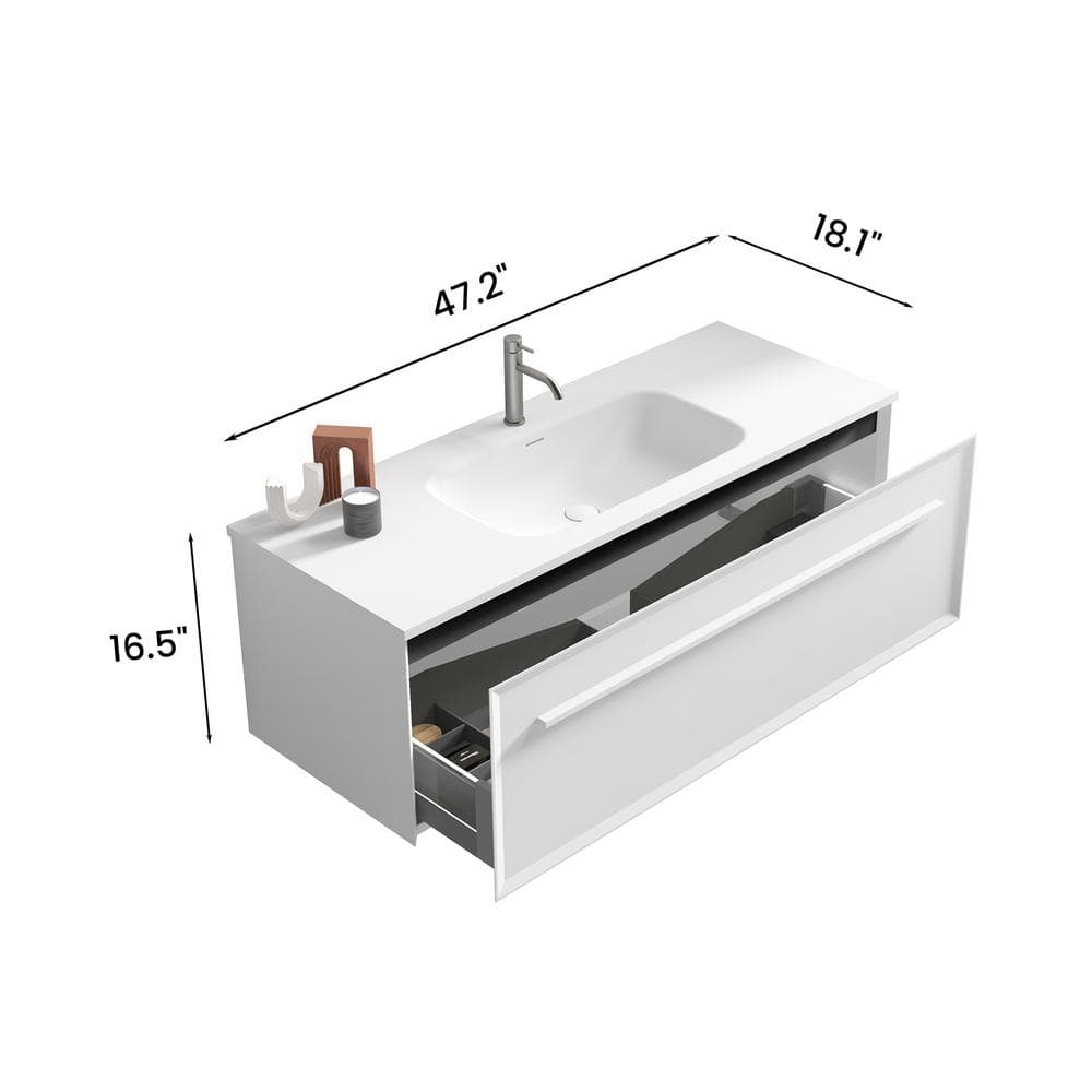 48 in. White Plywood Wall-Mounted Single Sink Vanity with Solid Surface Top