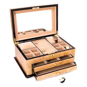"Birdseye Maple" Lacquered Wood 3-Level Jewelry Box with Gold Accents and Locking Lid