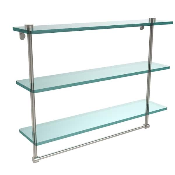 Allied Brass 22 in. L x 18 in. H x 5 in. W 3-Tier Clear Glass Bathroom Shelf with Towel Bar in Polished Nickel