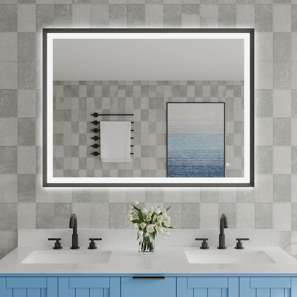 48 in. W x 36 in. H Rectangular Aluminum Framed Backlit Front Light Slope Wall LED Bathroom Vanity Mirror in Matte Black