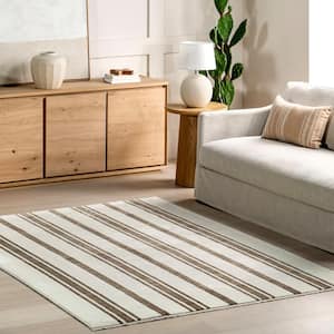 Salome Farmhouse Striped Fringe Brown 4 ft. x 6 ft. 5 in. Area Rug