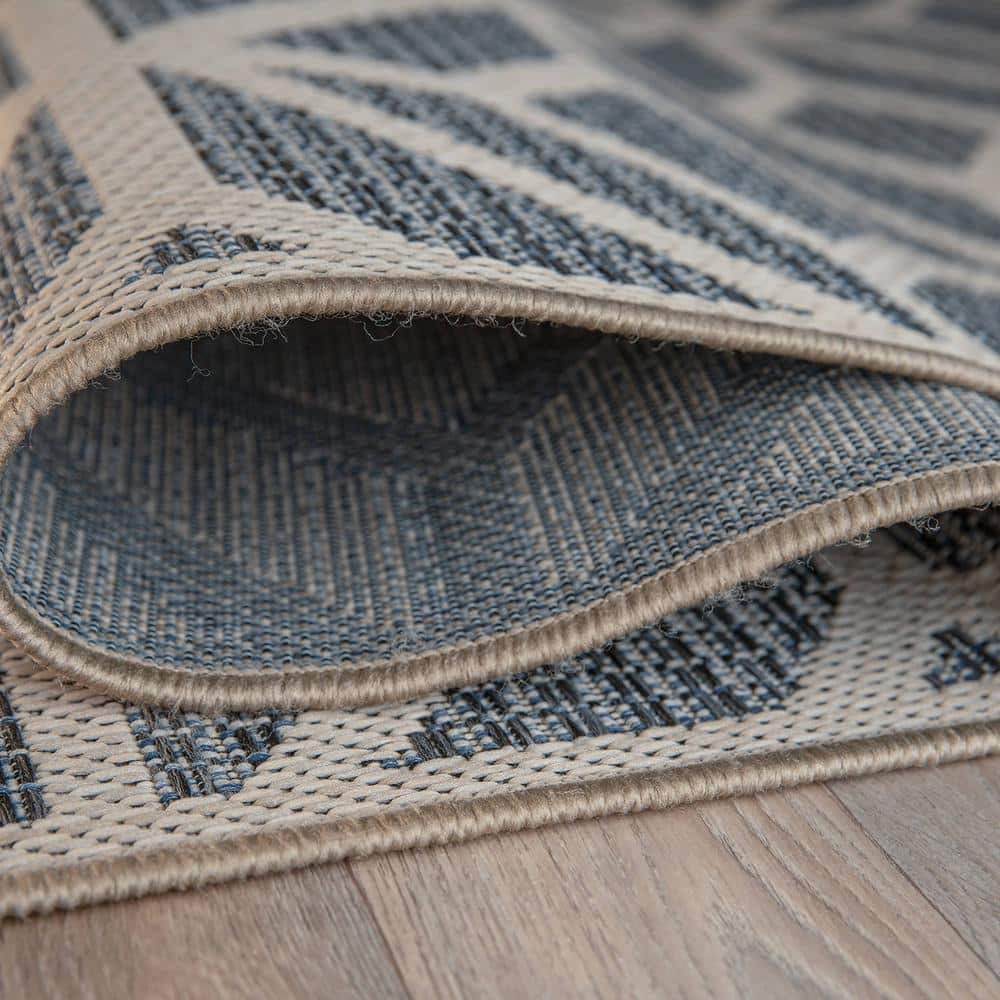Blue Geometric Flat Woven Synthetic Indoor/Outdoor Rug 7'10" x 10'