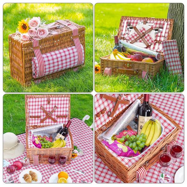 Willow Picnic Basket For 4 With Insulated Compartment & Waterproof Blanket - Complete Set