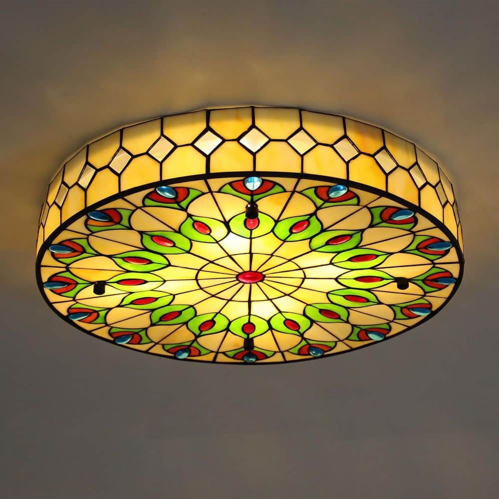 OUKANING 20 in. 4-Light Colorful Vintage Tiffany Flush Mount
