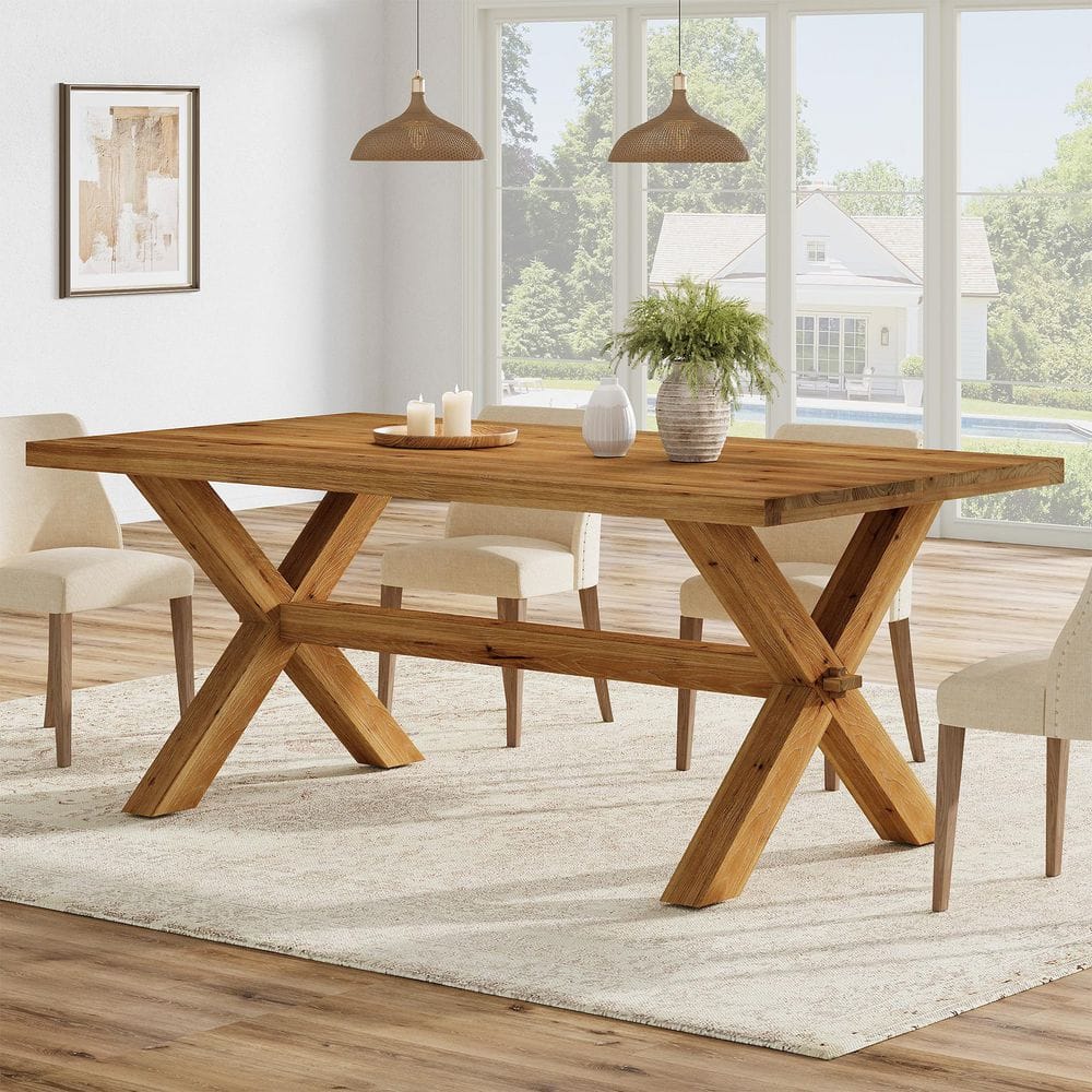 Roesler Brown Solid Wood Rectangle 63 in. Pedestal Base Dining Table Kitchen Table with Reinforced X-Shaped Legs Seats 6