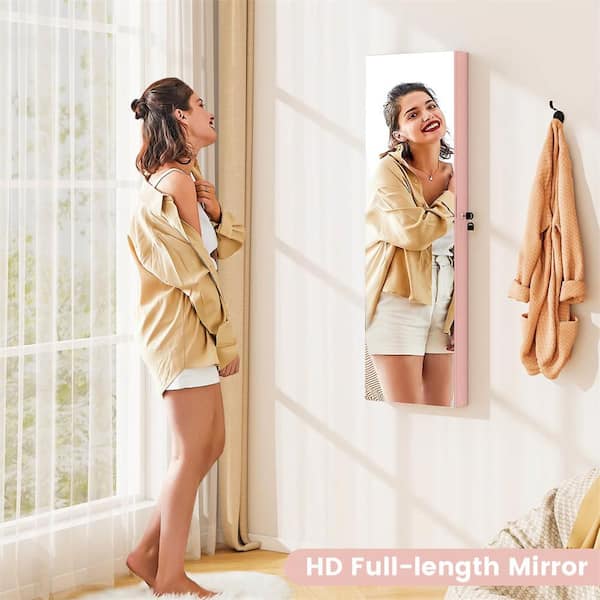 Costway Pink MDF Mirrored Wall & Door Mounted Jewelry Cabinet