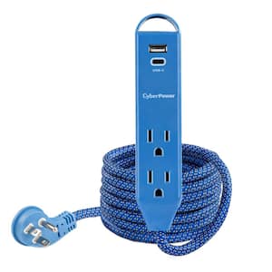 2-Outlet Surge Protector, USB-A 2.4 Amp, USB-C 12-Watt, 400 Joules 6 ft. Braid Cord, Blue