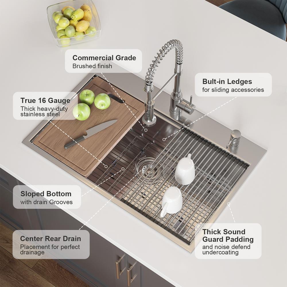 Gideon 33'' Stainless Steel Drop-In Kitchen Sink with Workstation