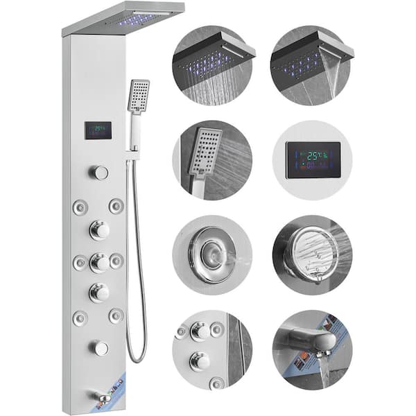 Shower Panel System 6-Shower Modes LED and Screen Hydroelectricity 8-Massage Jets Stainless Steel Shower Set