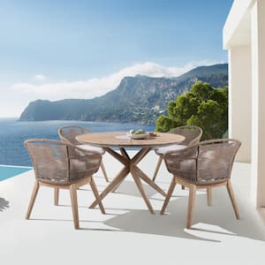 Oasis and Tutti Frutti Light Brown 5-Piece Eucalyptus Wood Round Outdoor Dining Set with Light Gray Cushions