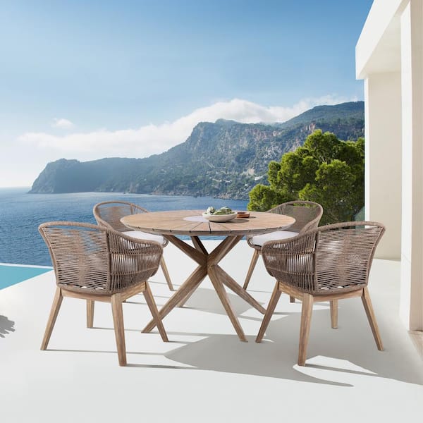 Armen Living Oasis and Tutti Frutti Light Brown 5-Piece Eucalyptus Wood Round Outdoor Dining Set with Light Gray Cushions
