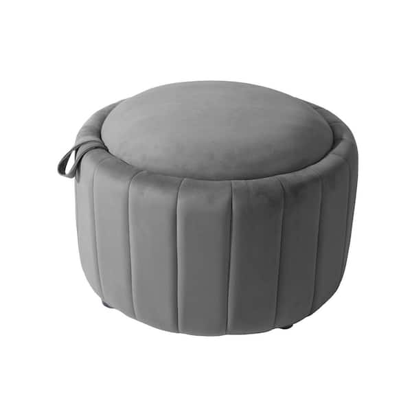 Uixe Modern Gray Velvet Round Accent Storage Ottoman (Set-1)
