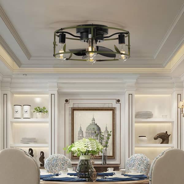 19 in. Green Indoor Flush Mount Caged Ceiling Fan with Light and Remote Control, 6 Speed Reversible DC Motor