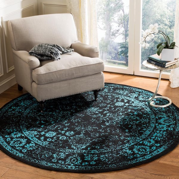Adirondack Black/Teal 10 ft. x 10 ft. Border Distressed Round Area Rug