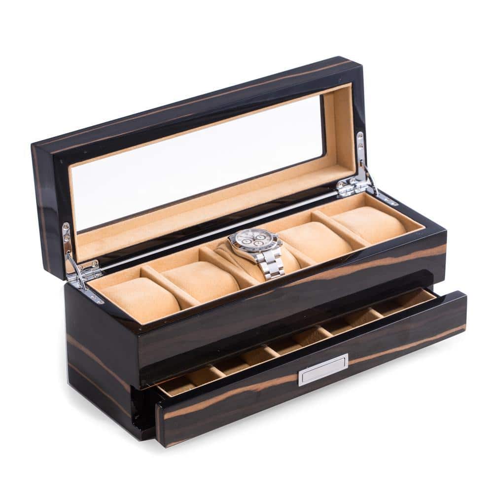 12 in. D x 5.15 in. H x 4.25 in. W Wood Watch Case in Ebony