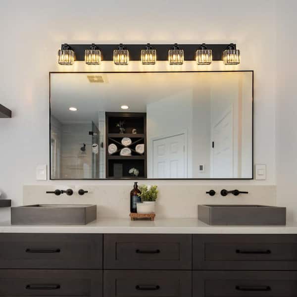Orillia 51.2 in. 7-Light Black Bathroom Vanity Light with Crystal Shades