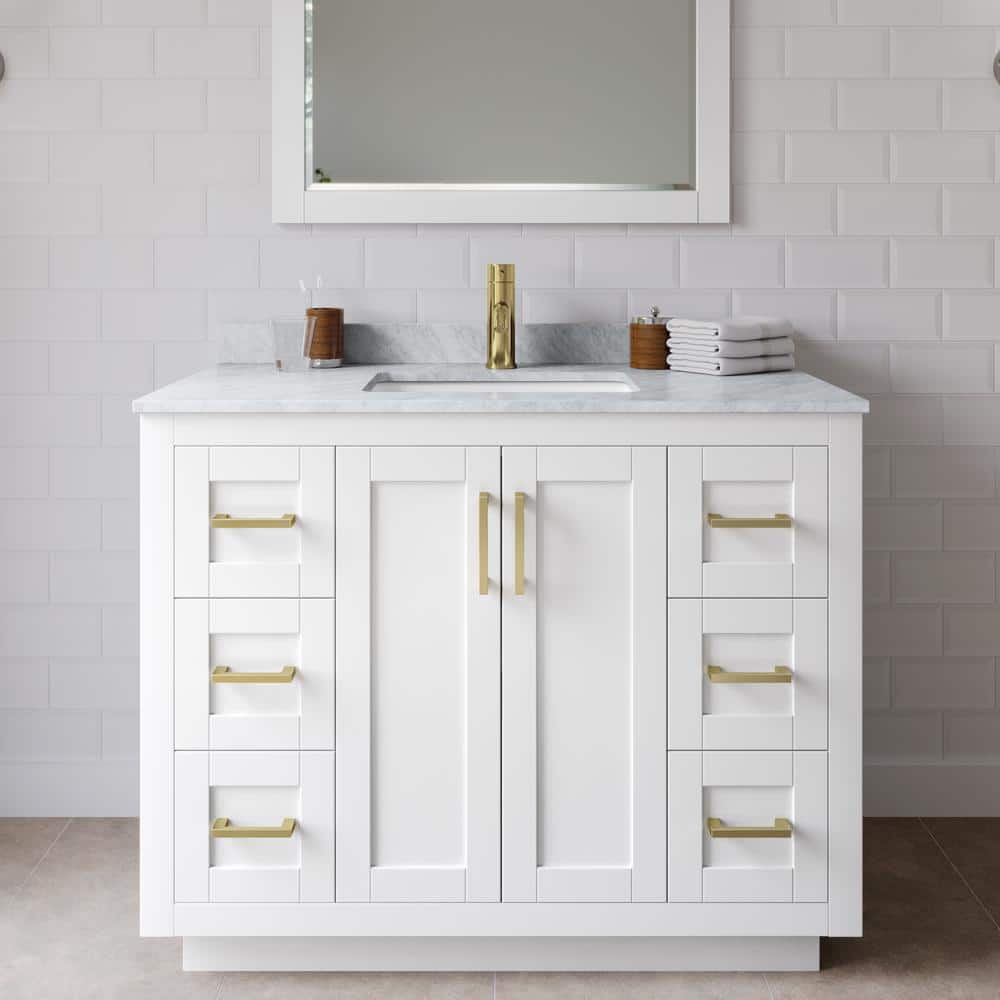 Miranda 42 in. W Single Bath Vanity in White with Marble Vanity Top in White Carrara with White Basin and Mirror price history on PriceWatchPro
