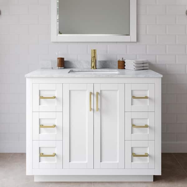 Wyndham Collection Miranda 42 in. W Single Bath Vanity in White with Marble Vanity Top in White Carrara with White Basin and Mirror