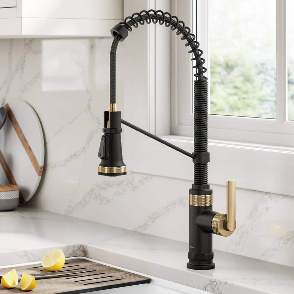 Allyn Matte Black and Brushed Brass Pull-Down Kitchen Faucet