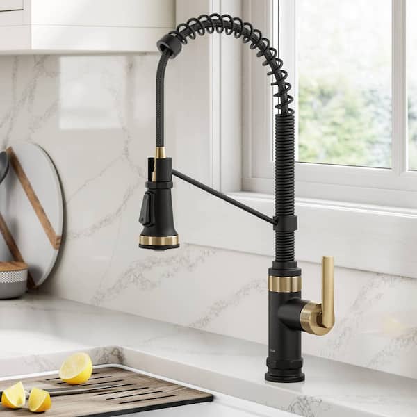 Allyn Commercial Style Single Handle Pull Down Sprayer Kitchen Faucet in Spot-Free Brushed Brass / Matte Black