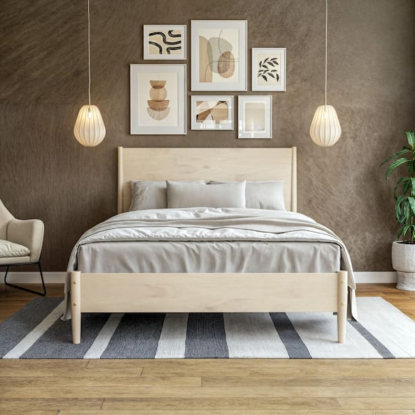 Mid Century Light Oak Beige Wood Frame Queen Platform Bed