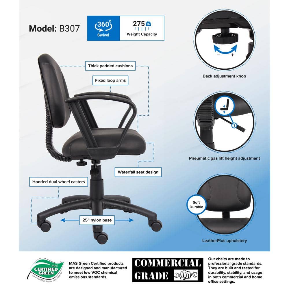 Black LeatherPlus Ergonomic Task Chair with Fixed Arms