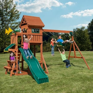 Sedona Summit Complete Wooden Outdoor Playset with Slide, Picnic Table, Swings, and Backyard Swing Set Accessories