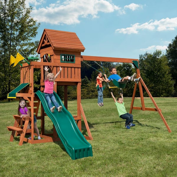 Swing-N-Slide Playsets Sedona Summit Complete Wooden Outdoor Playset with Slide, Picnic Table, Swings, and Backyard Swing Set Accessories