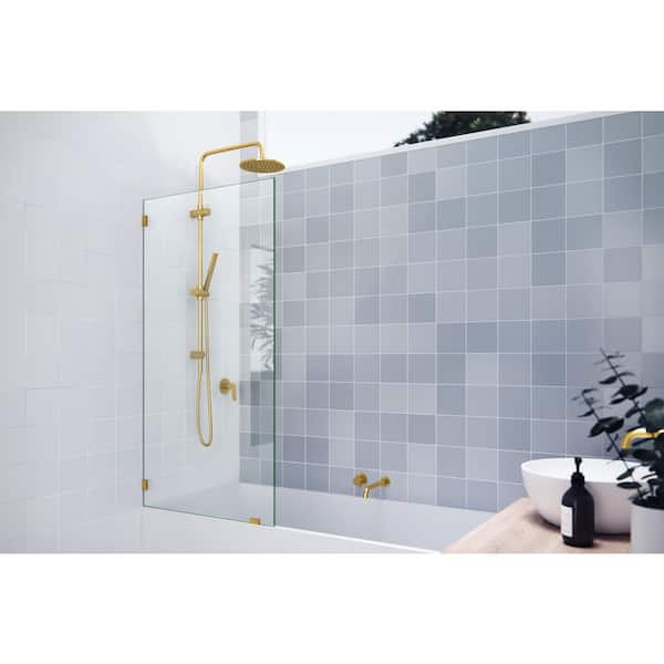 Vela 29.5 in. W x 58.25 in. H Frameless Fixed Panel Tub Door in Satin Brass with Clear Glass