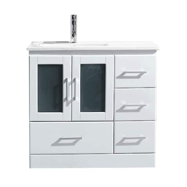 Virtu USA Zola 36 in. W Bath Vanity in White with Ceramic Vanity Top in Slim White Ceramic with Square Basin