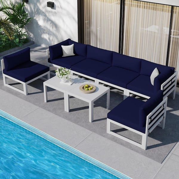 Unbranded White 8-Piece Aluminum Outdoor Patio Conversation Sectional Deep Seating Sofa Set with Tables and Navy Blue Cushions