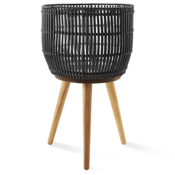 Large Black Rattan Round Indoor Planter Basket Stand with Wood Legs for Plants and Flowers