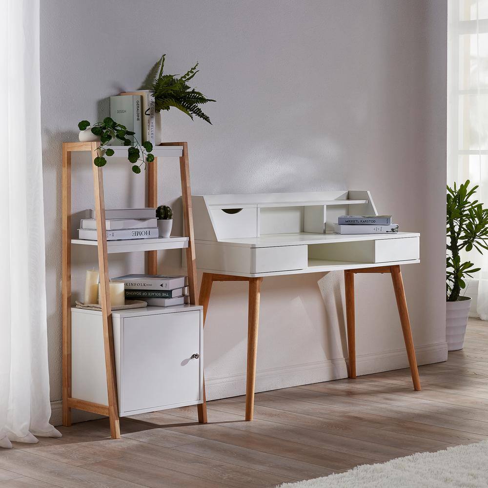 Modern White/Natural Wood Writing Desk with Hutch and Drawers
